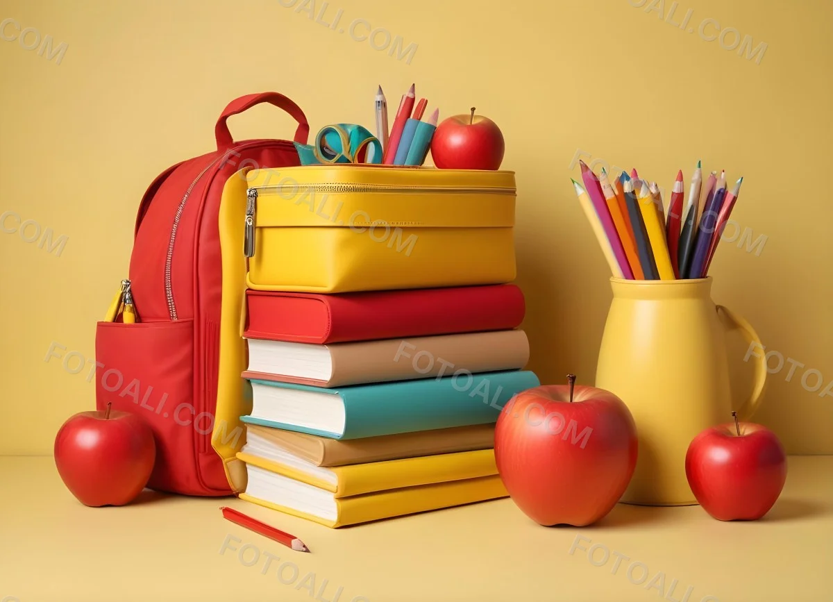 A Red Apple Stacks Of Books A Pencil Holder With Colored Pencils And A Red Backpack On A Yellow Background 25 F9af