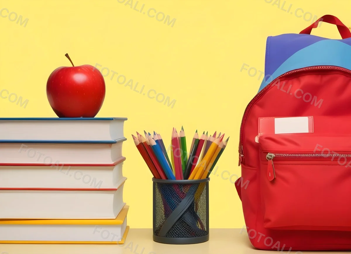 A Red Apple Stacks Of Books A Pencil Holder With Colored Pencils And A Red Backpack On A Yellow Background 26 685f