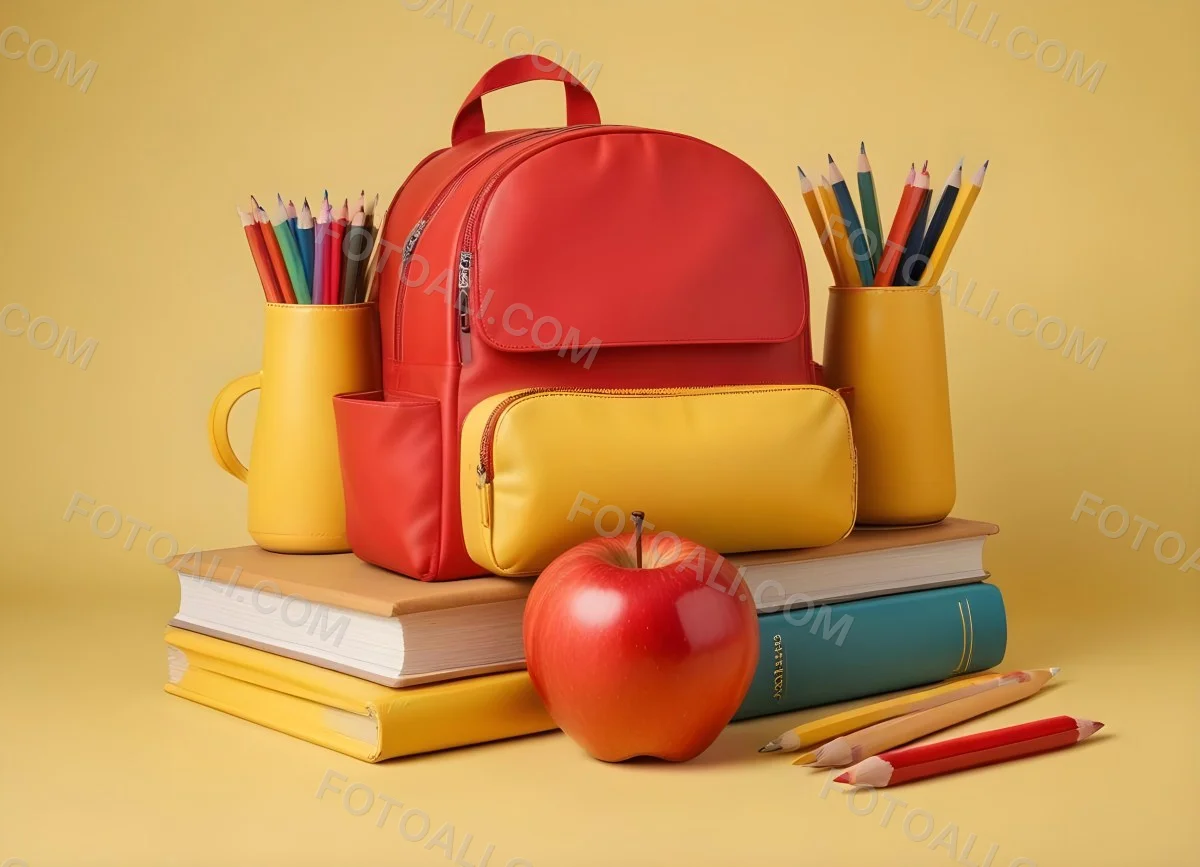 A Red Apple Stacks Of Books A Pencil Holder With Colored Pencils And A Red Backpack On A Yellow Background 27 1eb8