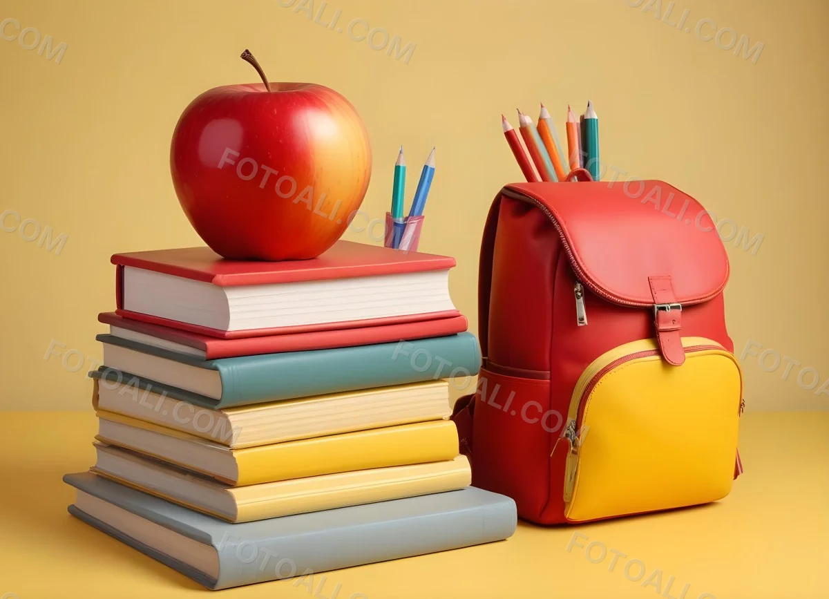 A Red Apple Stacks Of Books A Pencil Holder With Colored Pencils And A Red Backpack On A Yellow Background 28 6900