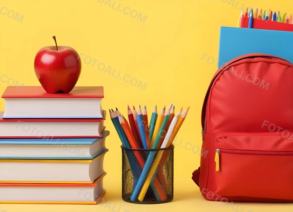 A Red Apple Stacks Of Books A Pencil Holder With Colored Pencils And A Red Backpack On A Yellow Background 3 C1ff