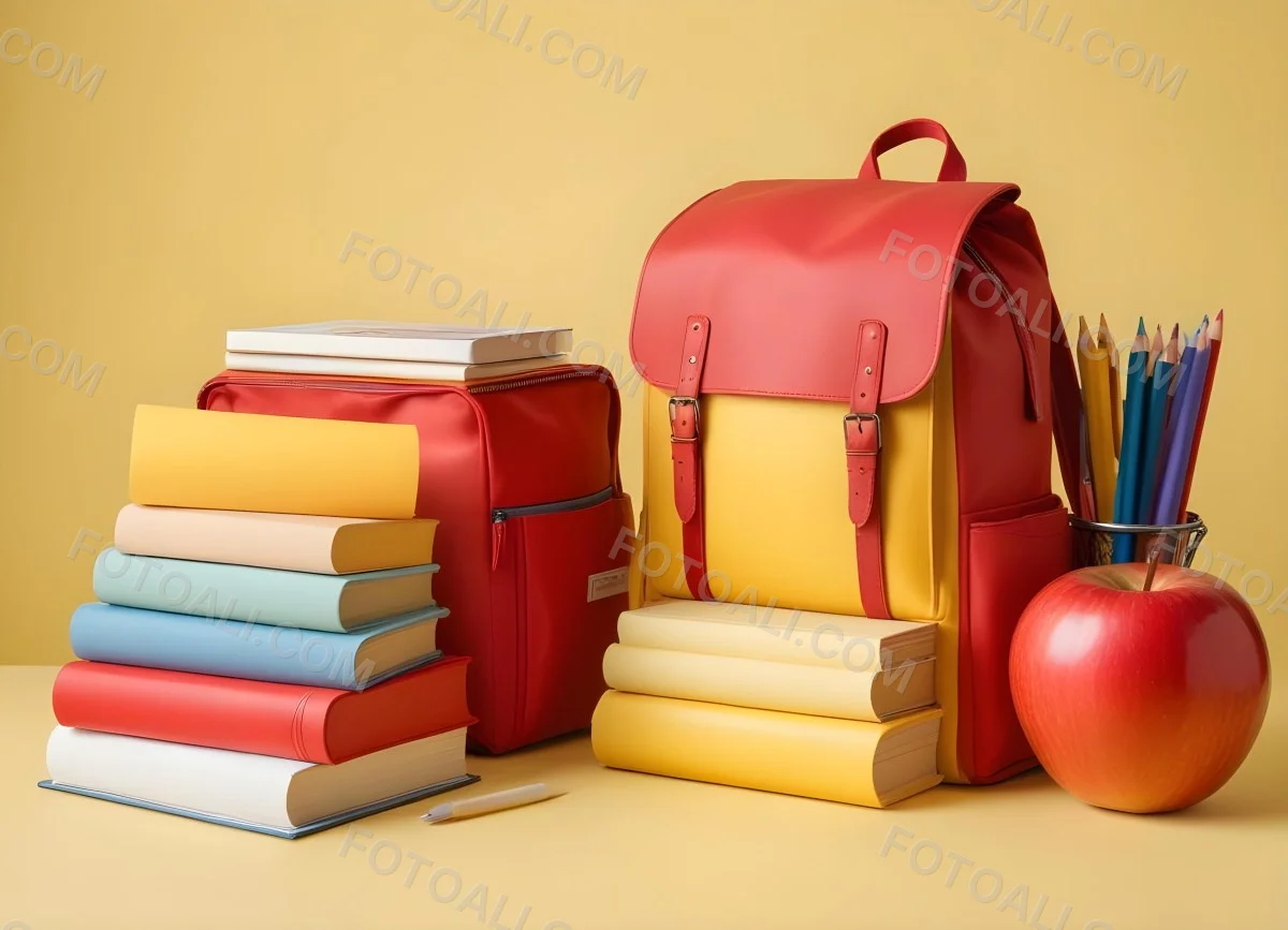 A Red Apple Stacks Of Books A Pencil Holder With Colored Pencils And A Red Backpack On A Yellow Background 4 99de