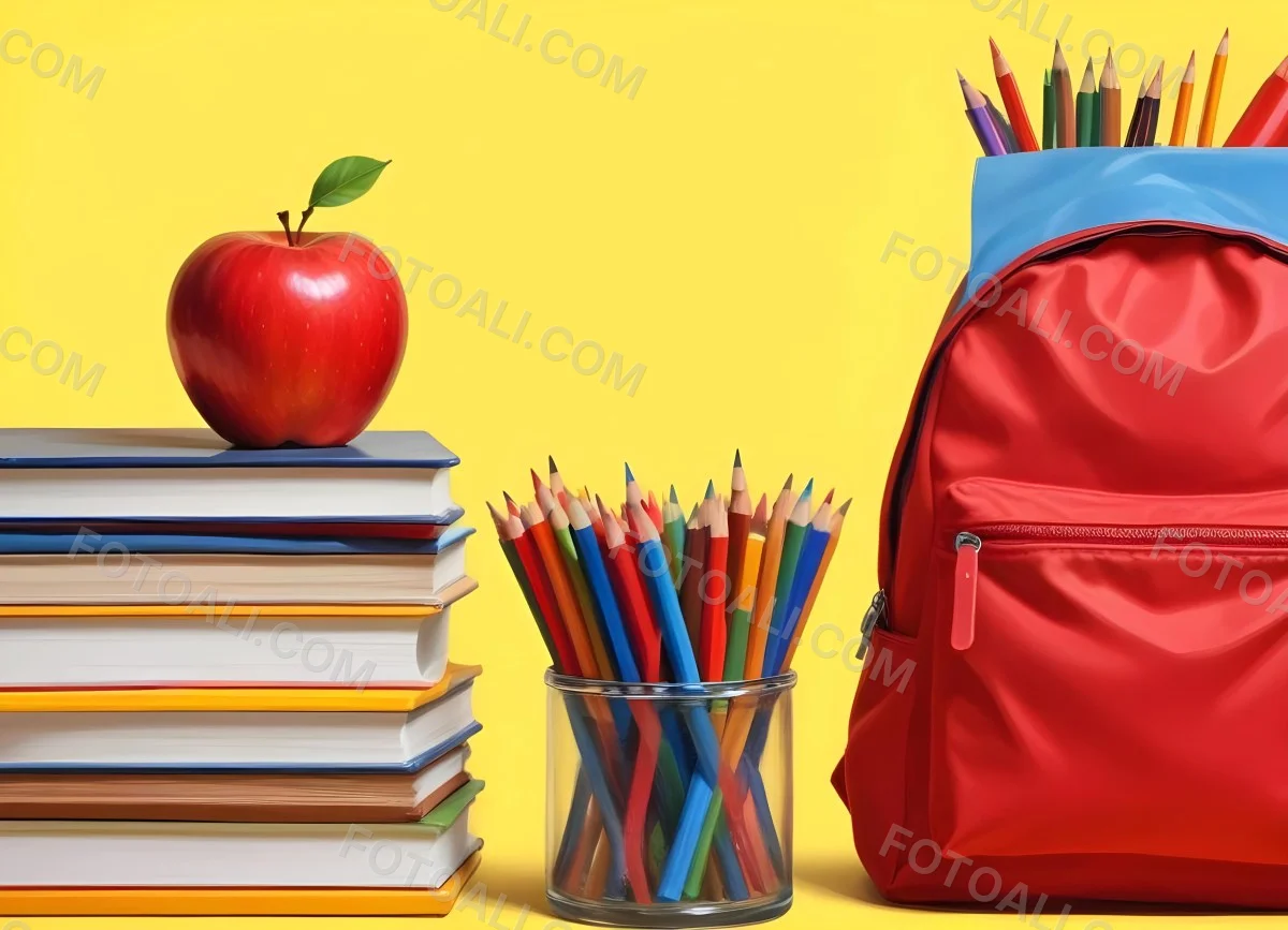 A Red Apple Stacks Of Books A Pencil Holder With Colored Pencils And A Red Backpack On A Yellow Background 5 144c