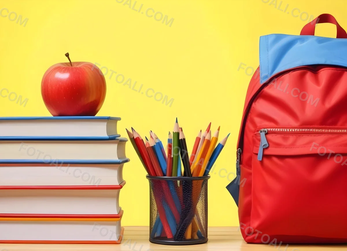 A Red Apple Stacks Of Books A Pencil Holder With Colored Pencils And A Red Backpack On A Yellow Background 6 Cac1