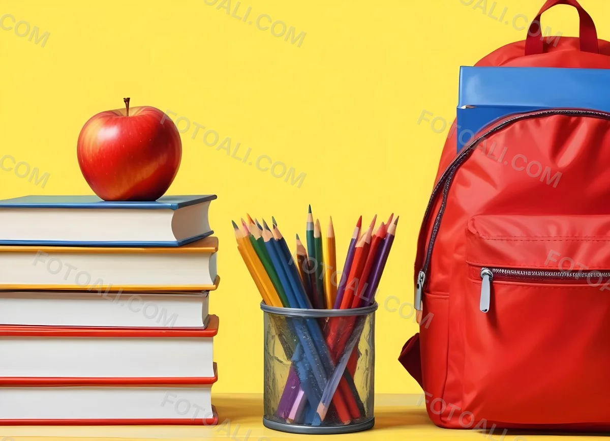 A Red Apple Stacks Of Books A Pencil Holder With Colored Pencils And A Red Backpack On A Yellow Background 7 C7f9