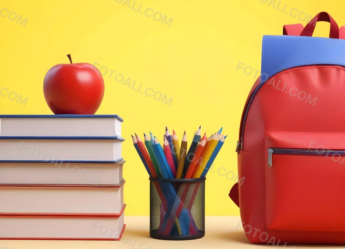 A Red Apple Stacks Of Books A Pencil Holder With Colored Pencils And A Red Backpack On A Yellow Background 9 55fe