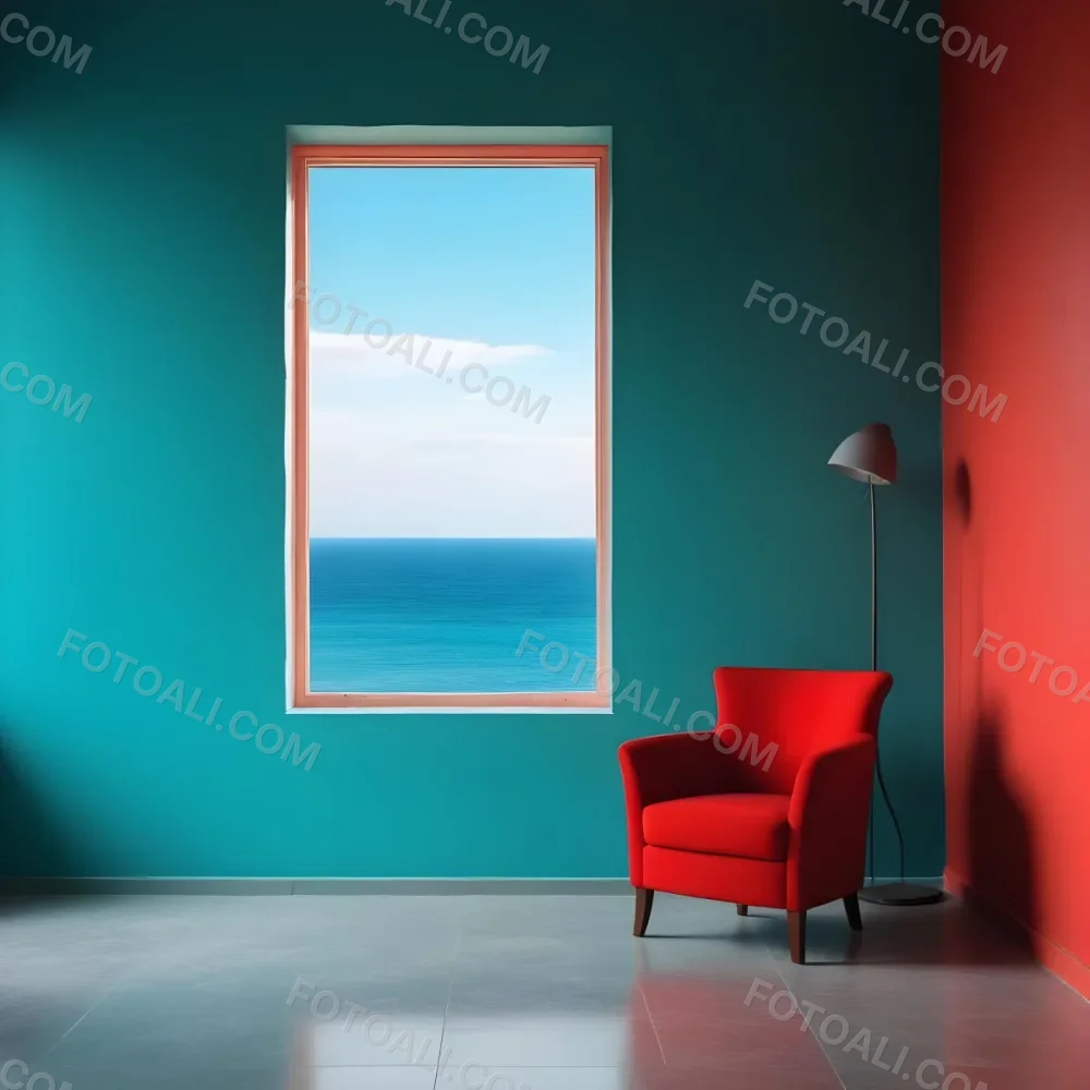 A Red Armchair Near A Window With Sea View The Wall Is Turquoise And Red The Floor Is Gray Minimalist Style Bright Colors High Contrast Clean Lines 1 204c