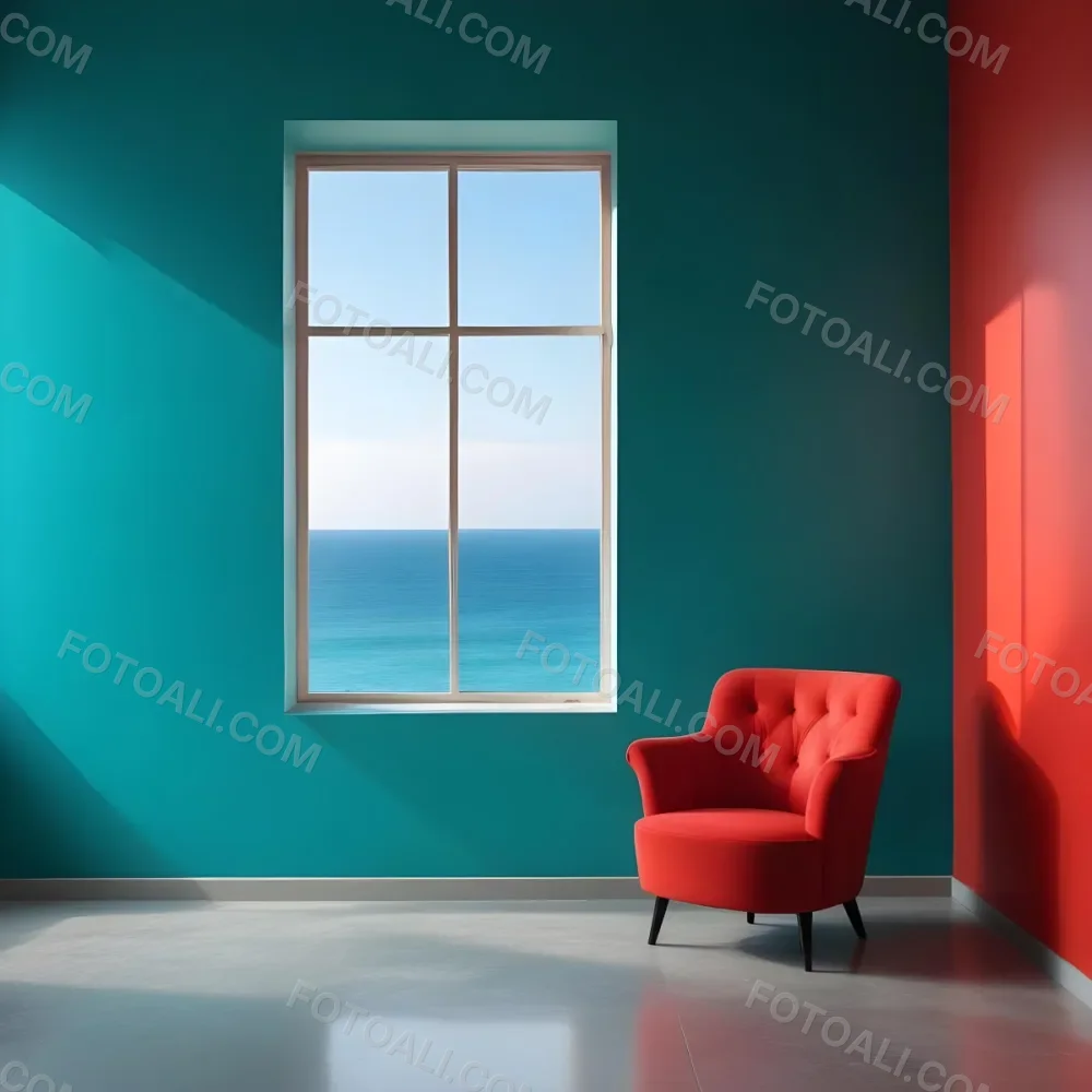 A Red Armchair Near A Window With Sea View The Wall Is Turquoise And Red The Floor Is Gray Minimalist Style Bright Colors High Contrast Clean Lines 12 9a31