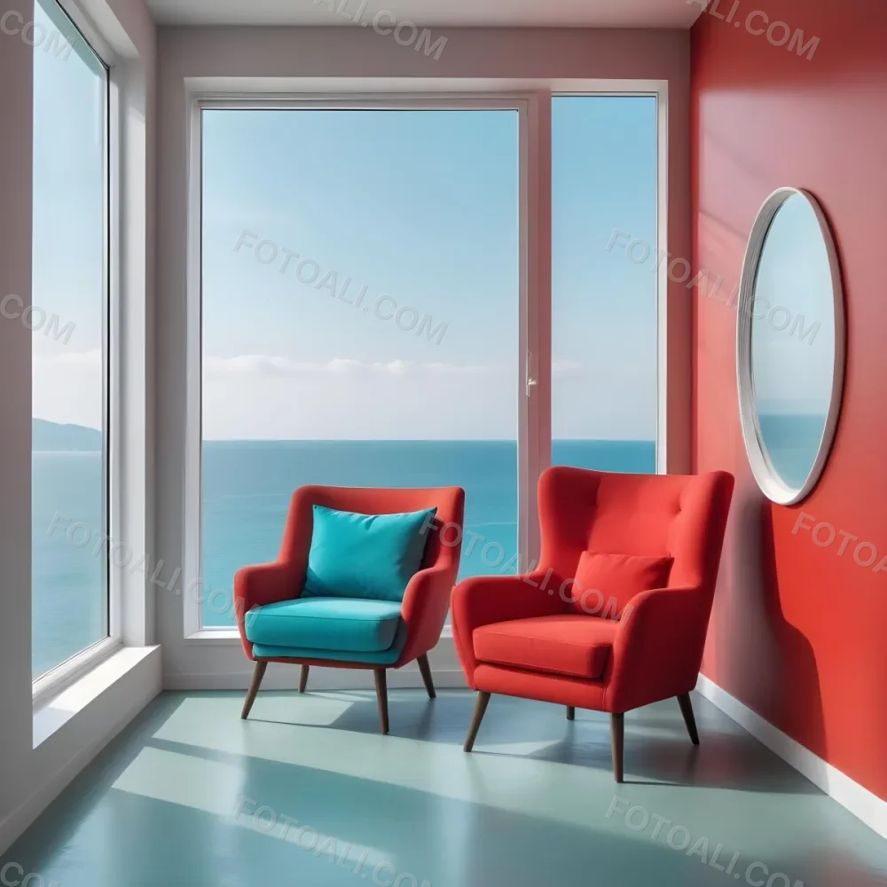 A Red Armchair Near A Window With Sea View The Wall Is Turquoise And Red The Floor Is Gray Minimalist Style Bright Colors High Contrast Clean Lines 15 B641