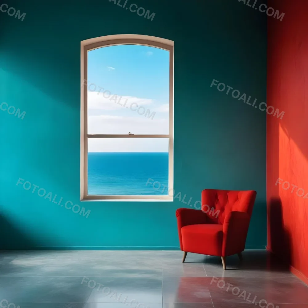 A Red Armchair Near A Window With Sea View The Wall Is Turquoise And Red The Floor Is Gray Minimalist Style Bright Colors High Contrast Clean Lines 18 8dfb
