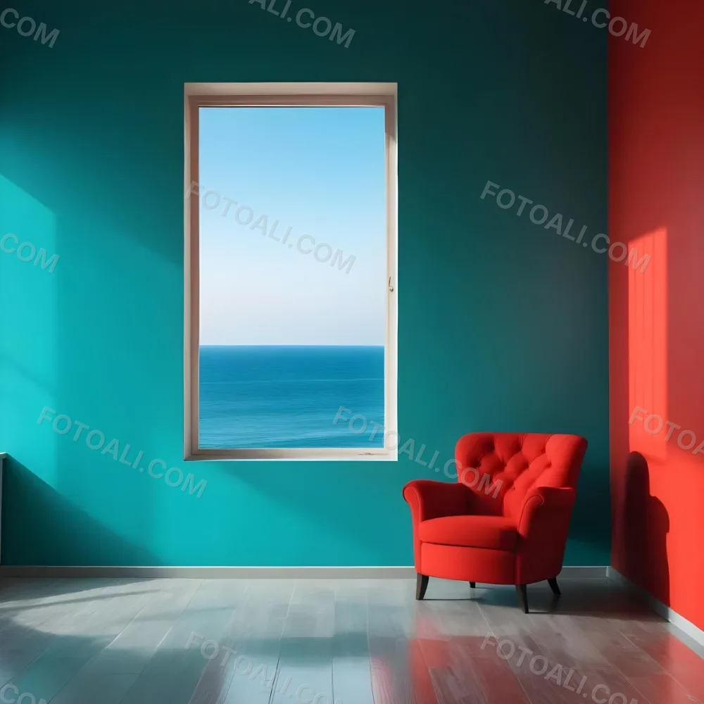 A Red Armchair Near A Window With Sea View The Wall Is Turquoise And Red The Floor Is Gray Minimalist Style Bright Colors High Contrast Clean Lines 19 3d8f