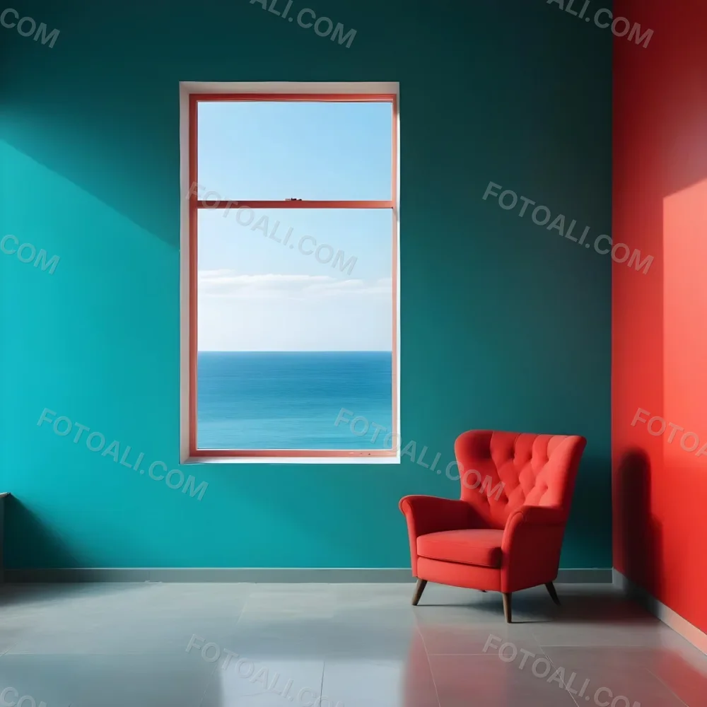A Red Armchair Near A Window With Sea View The Wall Is Turquoise And Red The Floor Is Gray Minimalist Style Bright Colors High Contrast Clean Lines 2 55ec
