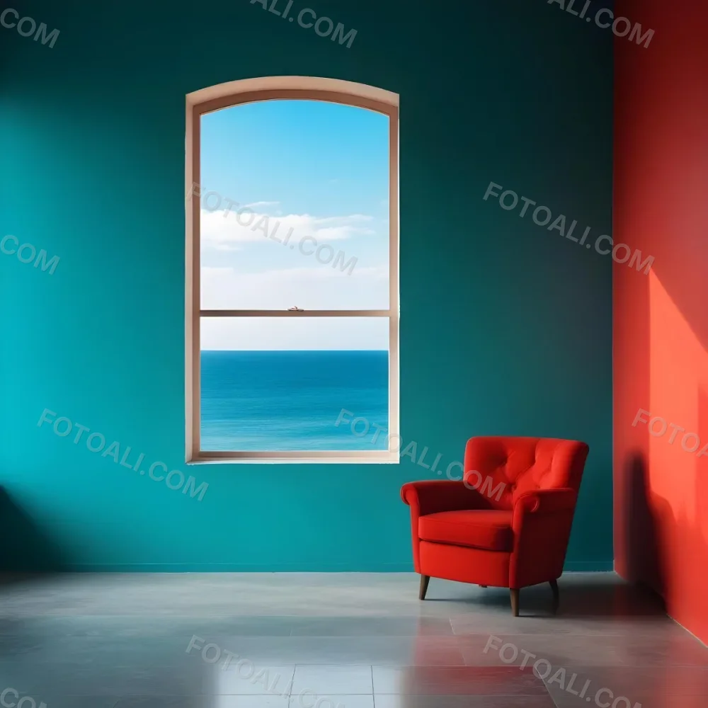 A Red Armchair Near A Window With Sea View The Wall Is Turquoise And Red The Floor Is Gray Minimalist Style Bright Colors High Contrast Clean Lines 20 C903