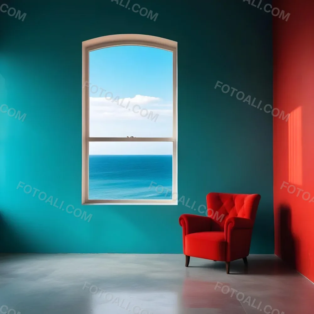 A Red Armchair Near A Window With Sea View The Wall Is Turquoise And Red The Floor Is Gray Minimalist Style Bright Colors High Contrast Clean Lines 21 89d4