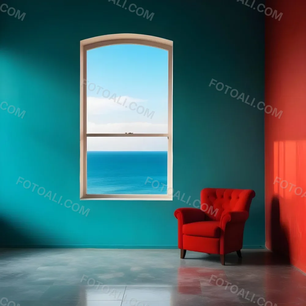 A Red Armchair Near A Window With Sea View The Wall Is Turquoise And Red The Floor Is Gray Minimalist Style Bright Colors High Contrast Clean Lines 22 3b90