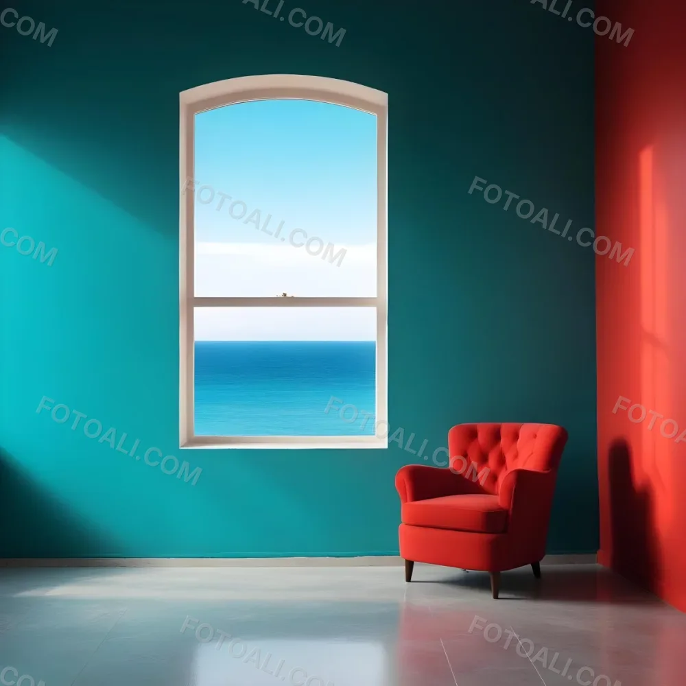 A Red Armchair Near A Window With Sea View The Wall Is Turquoise And Red The Floor Is Gray Minimalist Style Bright Colors High Contrast Clean Lines 23 69b2