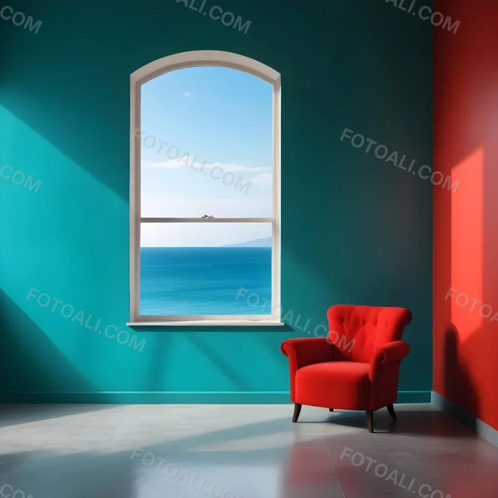 A Red Armchair Near A Window With Sea View The Wall Is Turquoise And Red The Floor Is Gray Minimalist Style Bright Colors High Contrast Clean Lines 3 Bfa9
