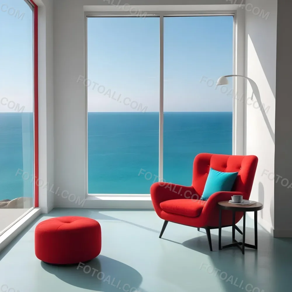 A Red Armchair Near A Window With Sea View The Wall Is Turquoise And Red The Floor Is Gray Minimalist Style Bright Colors High Contrast Clean Lines 7 0bcf