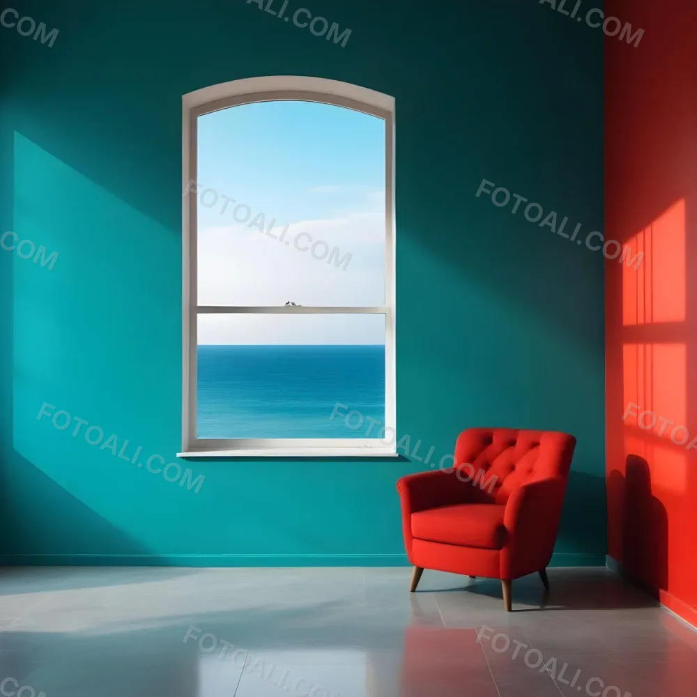 A Red Armchair Near A Window With Sea View The Wall Is Turquoise And Red The Floor Is Gray Minimalist Style Bright Colors High Contrast Clean Lines 8 E074