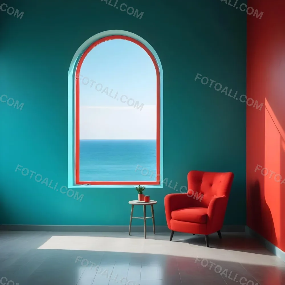A Red Armchair Near A Window With Sea View The Wall Is Turquoise And Red The Floor Is Gray Minimalist Style Bright Colors High Contrast Clean Lines 9 D9a7