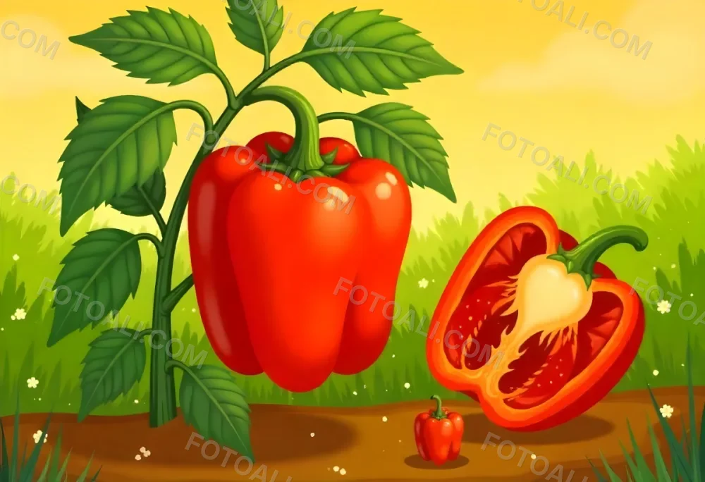 A Red Bell Pepper Plant With Red Leaves Next To A Sliced Red Bell Pepper In A Field With A Red Sky 10 410f