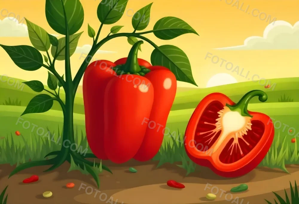 A Red Bell Pepper Plant With Red Leaves Next To A Sliced Red Bell Pepper In A Field With A Red Sky 15 Dbe4