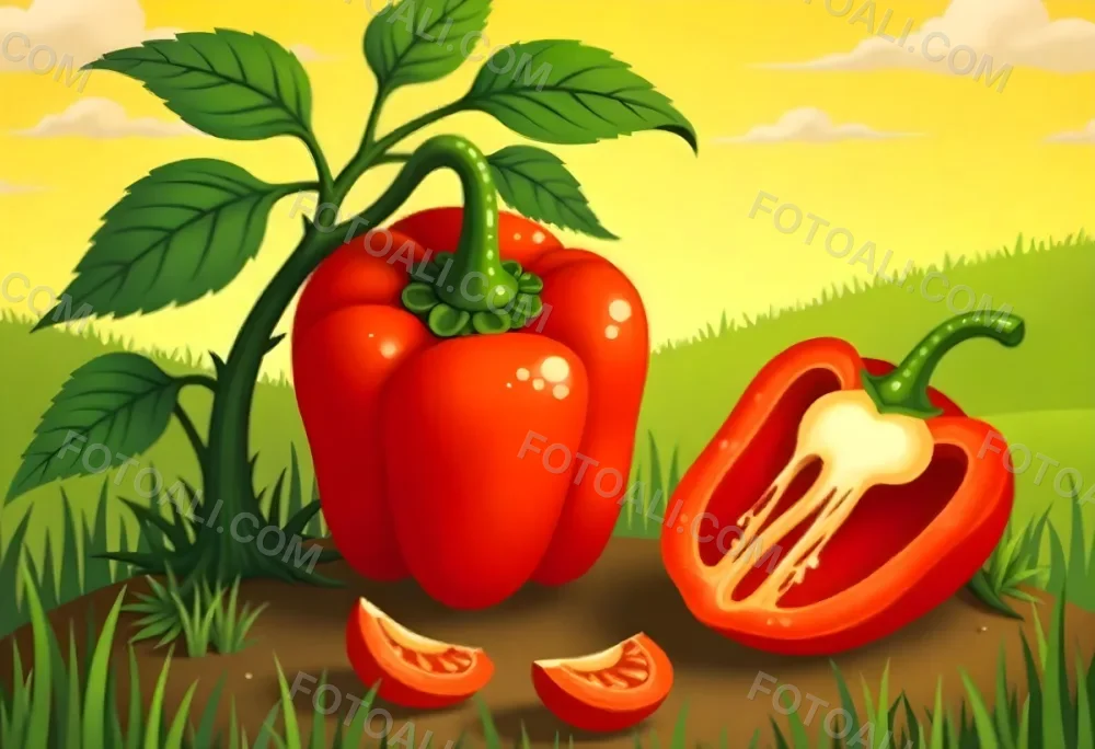 A Red Bell Pepper Plant With Red Leaves Next To A Sliced Red Bell Pepper In A Field With A Red Sky 17 49ea