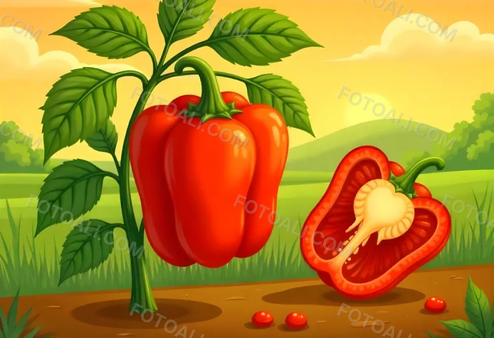A Red Bell Pepper Plant With Red Leaves Next To A Sliced Red Bell Pepper In A Field With A Red Sky 18 1a61