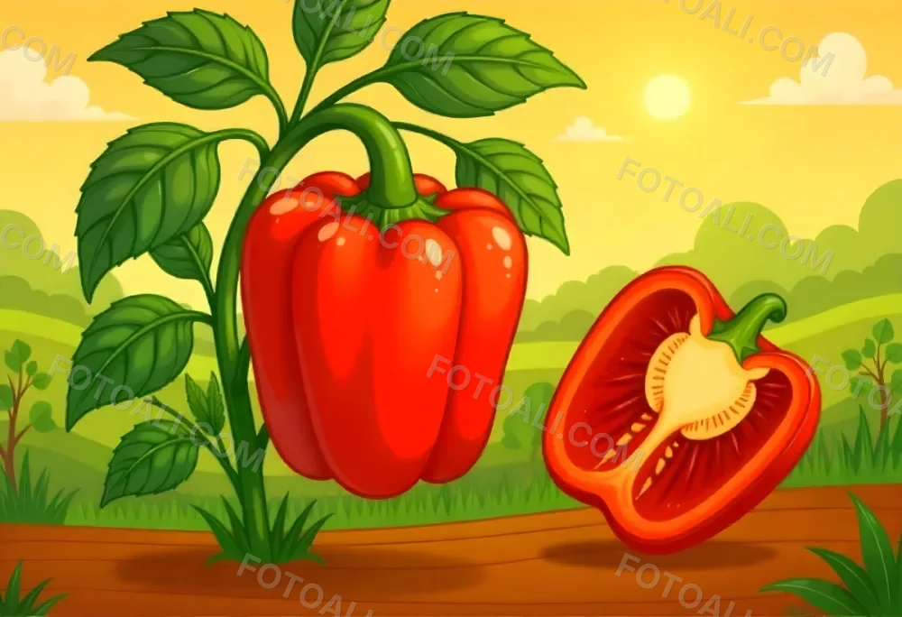 A Red Bell Pepper Plant With Red Leaves Next To A Sliced Red Bell Pepper In A Field With A Red Sky 20 E10c