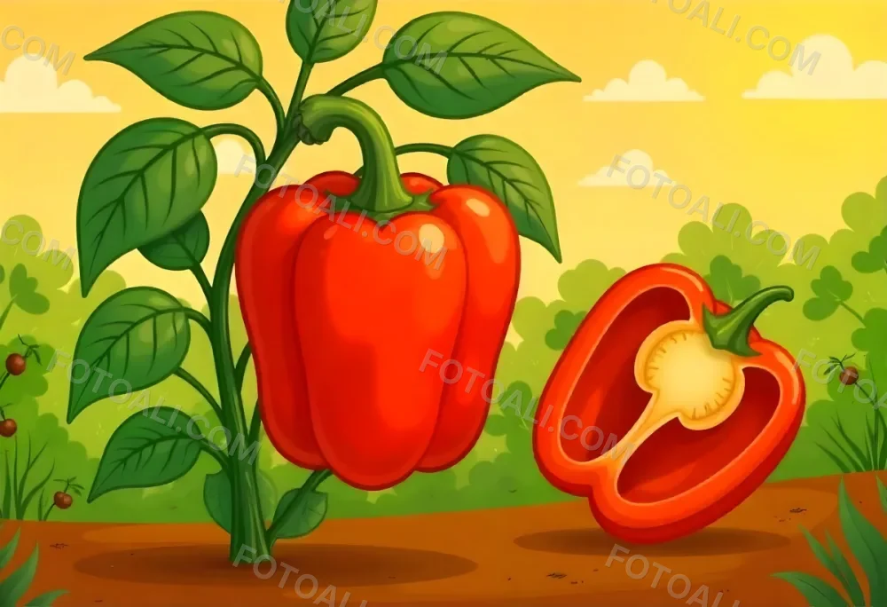 A Red Bell Pepper Plant With Red Leaves Next To A Sliced Red Bell Pepper In A Field With A Red Sky 25 E112