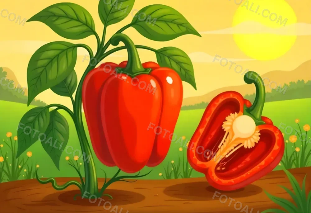 A Red Bell Pepper Plant With Red Leaves Next To A Sliced Red Bell Pepper In A Field With A Red Sky 4 577d