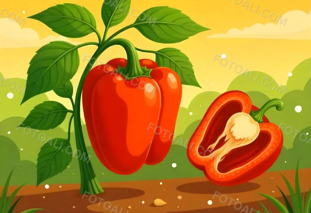 A Red Bell Pepper Plant With Red Leaves Next To A Sliced Red Bell Pepper In A Field With A Red Sky 5 05b7