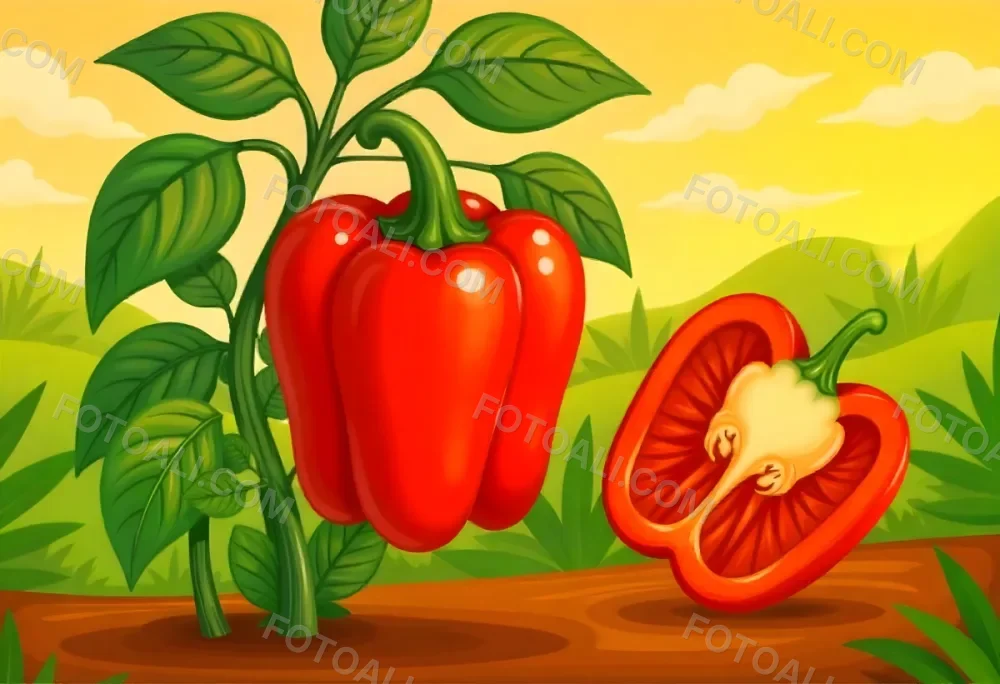A Red Bell Pepper Plant With Red Leaves Next To A Sliced Red Bell Pepper In A Field With A Red Sky 7 529d