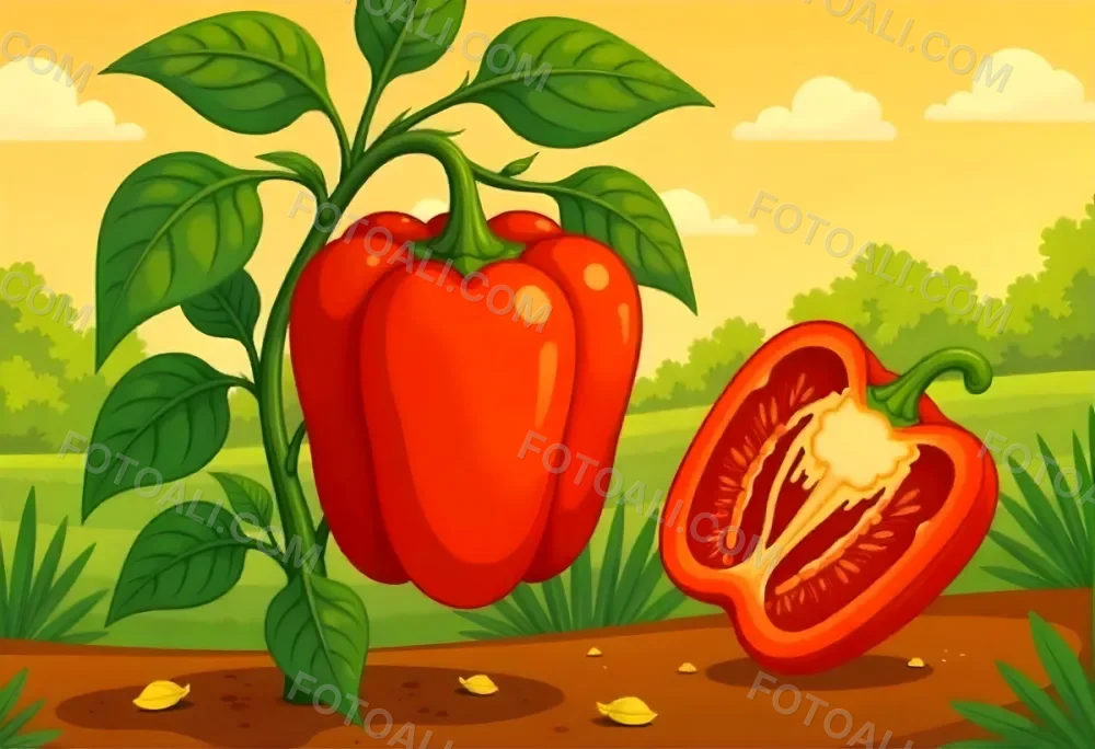 A Red Bell Pepper Plant With Red Leaves Next To A Sliced Red Bell Pepper In A Field With A Red Sky 8 9c2b