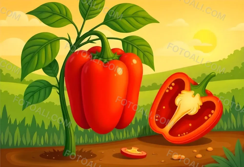 A Red Bell Pepper Plant With Red Leaves Next To A Sliced Red Bell Pepper In A Field With A Red Sky 9 9bea