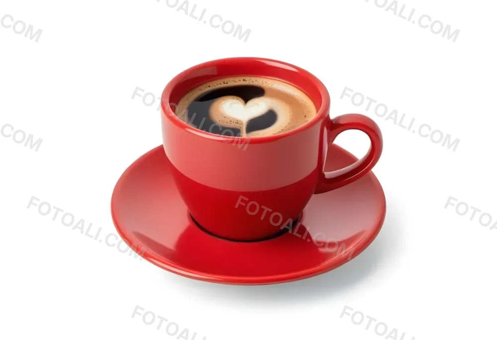 A Red Ceramic Cup Filled With A Creamy Latte With A Heart Shaped Design Made From The Foam On Top Sitting On A Matching Red Saucer 29 4e88