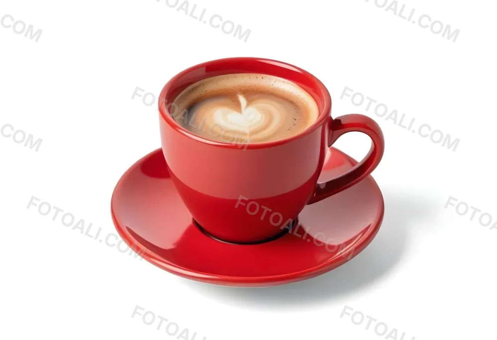 A Red Ceramic Cup Filled With A Creamy Latte With A Heart Shaped Design Made From The Foam On Top Sitting On A Matching Red Saucer 40 8120