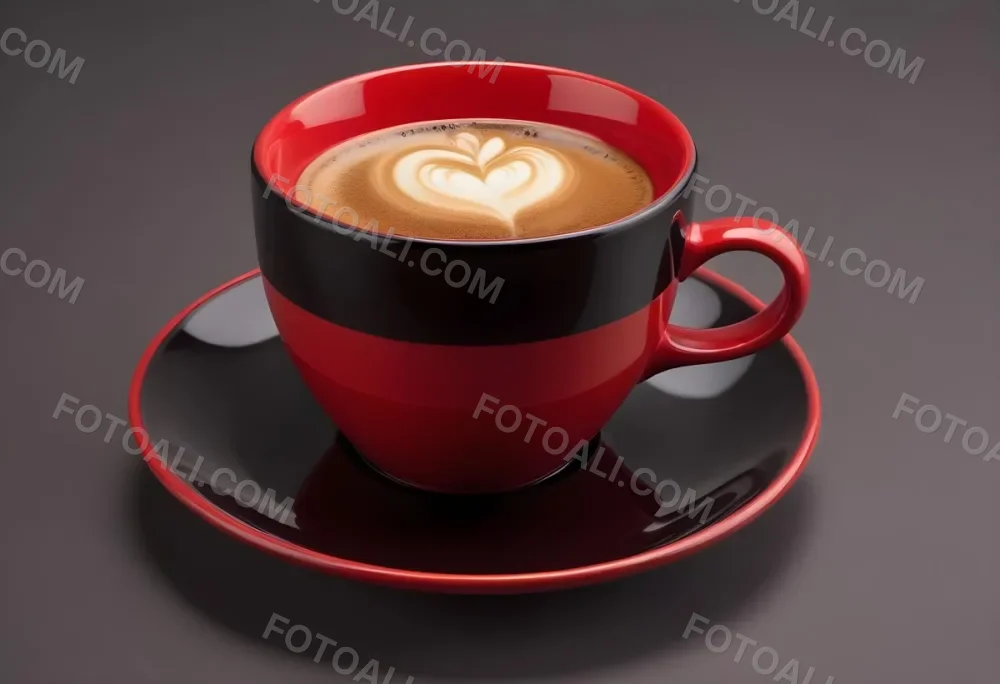 A Red Ceramic Cup Filled With A Creamy Latte With A Heart Shaped Design Made From The Foam On Top Sitting On A Matching Red Saucer 43 B557