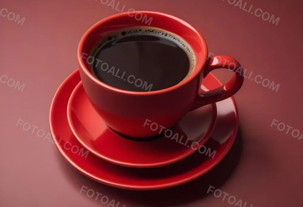 A Red Ceramic Cup Filled With A Creamy Latte With A Heart Shaped Design Made From The Foam On Top Sitting On A Matching Red Saucer 7 D326