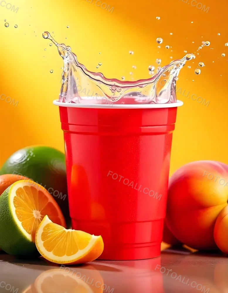 A Red Plastic Cup With Water Splashing Out Of It Surrounded By Various Fruits Like Oranges Limes And Peaches With A Bright Yellow Background 23 1a00
