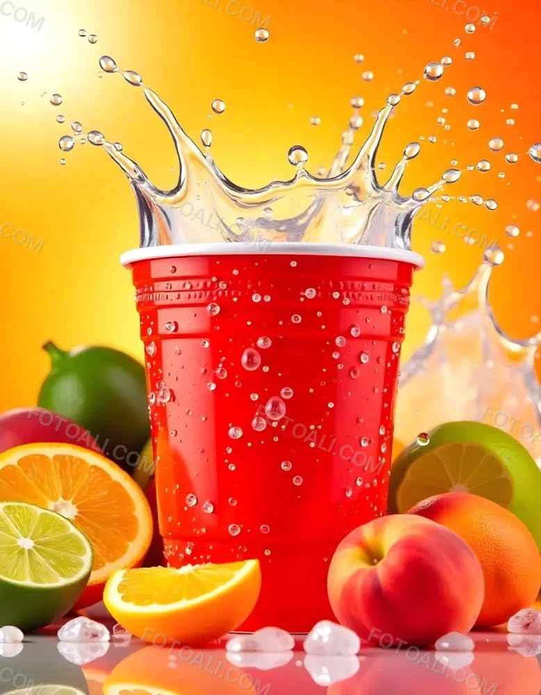 A Red Plastic Cup With Water Splashing Out Of It Surrounded By Various Fruits Like Oranges Limes And Peaches With A Bright Yellow Background 26 C504