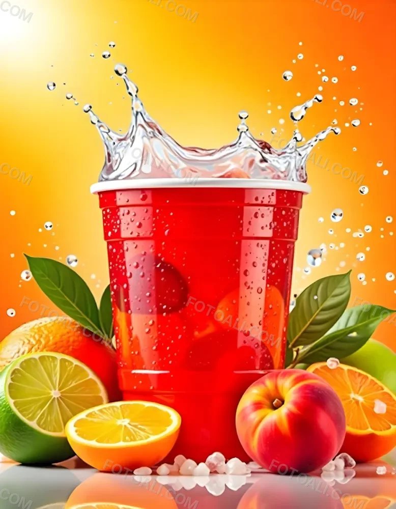 A Red Plastic Cup With Water Splashing Out Of It Surrounded By Various Fruits Like Oranges Limes And Peaches With A Bright Yellow Background 27 6ac6