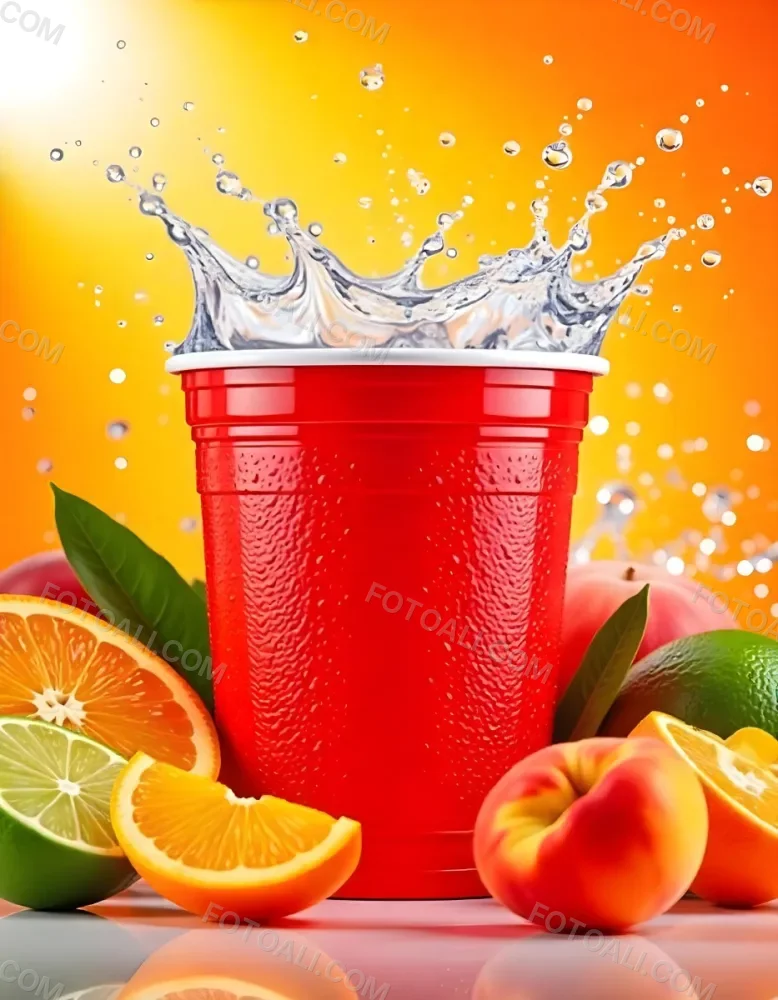 A Red Plastic Cup With Water Splashing Out Of It Surrounded By Various Fruits Like Oranges Limes And Peaches With A Bright Yellow Background 35 E449