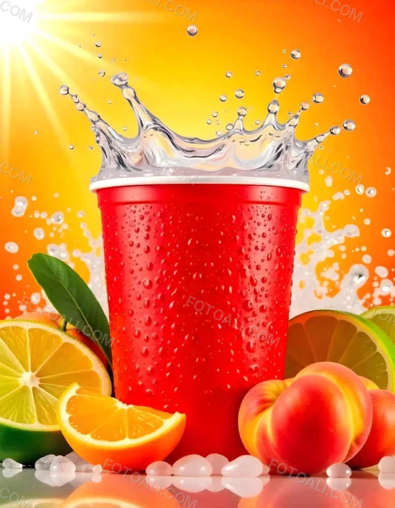 A Red Plastic Cup With Water Splashing Out Of It Surrounded By Various Fruits Like Oranges Limes And Peaches With A Bright Yellow Background 36 Affd
