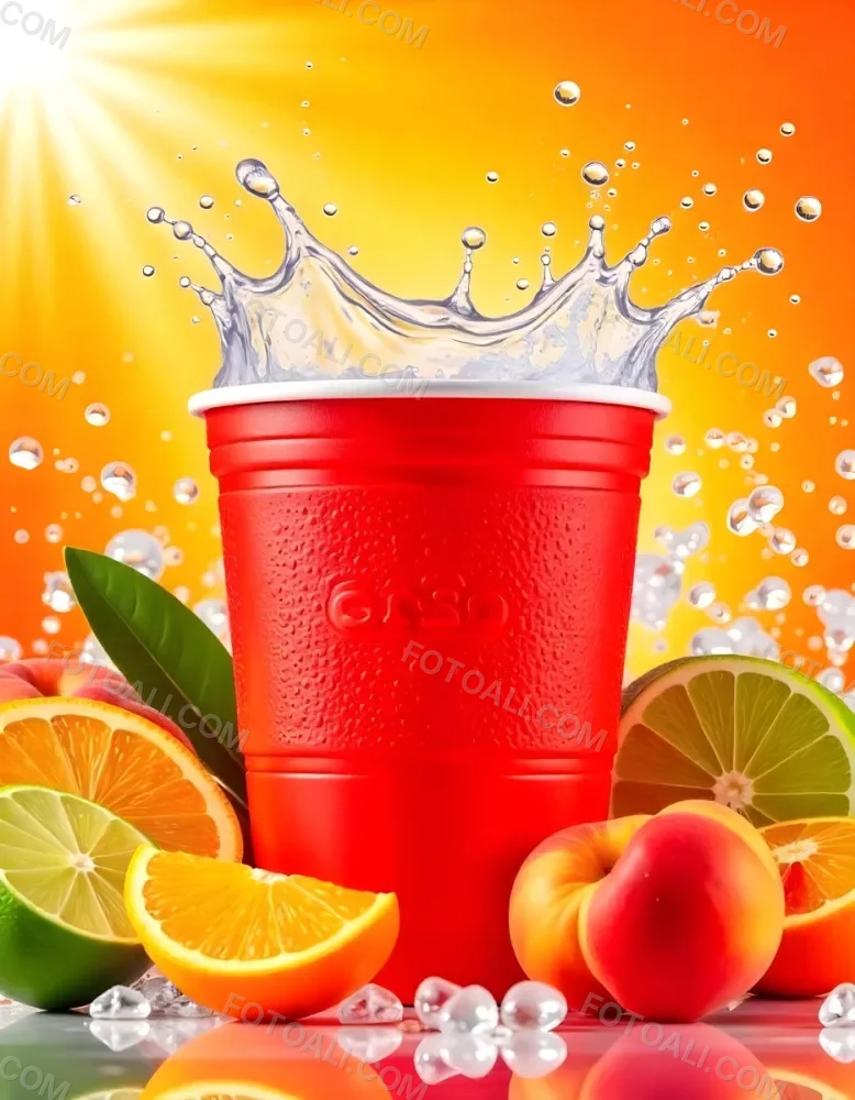 A Red Plastic Cup With Water Splashing Out Of It Surrounded By Various Fruits Like Oranges Limes And Peaches With A Bright Yellow Background 44 5eab