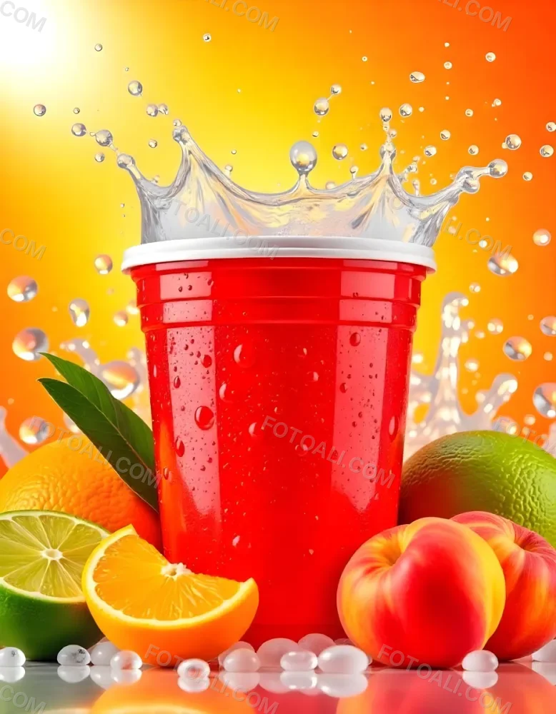 A Red Plastic Cup With Water Splashing Out Of It Surrounded By Various Fruits Like Oranges Limes And Peaches With A Bright Yellow Background 46 Ebbb