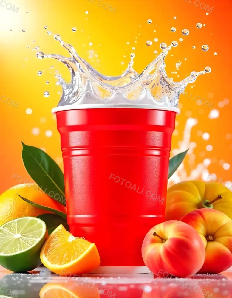 A Red Plastic Cup With Water Splashing Out Of It Surrounded By Various Fruits Like Oranges Limes And Peaches With A Bright Yellow Background 47 0355