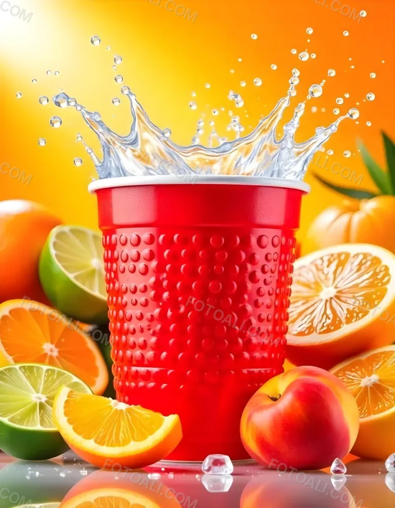 A Red Plastic Cup With Water Splashing Out Of It Surrounded By Various Fruits Like Oranges Limes And Peaches With A Bright Yellow Background 48 D833