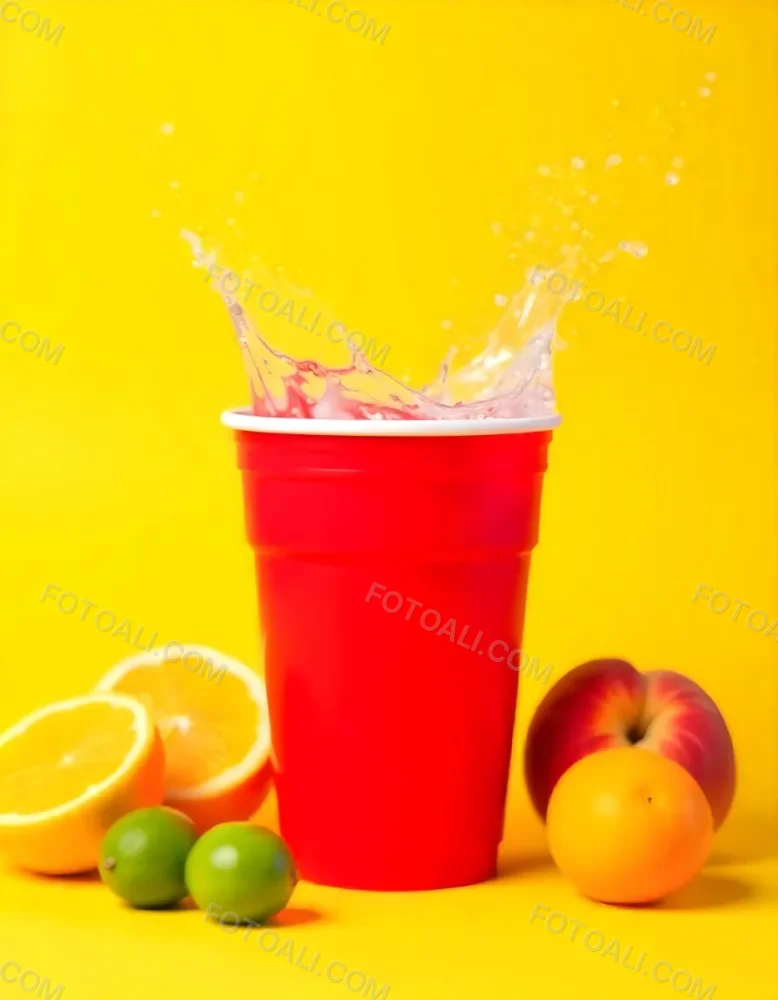 A Red Plastic Cup With Water Splashing Out Of It Surrounded By Various Fruits Like Oranges Limes And Peaches With A Bright Yellow Background 5 Fc6e