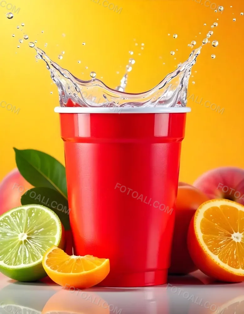 A Red Plastic Cup With Water Splashing Out Of It Surrounded By Various Fruits Like Oranges Limes And Peaches With A Bright Yellow Background 8 76b8